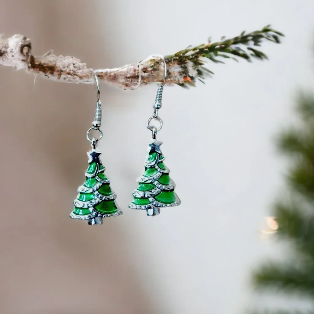 Christmas Tree Green Enamel Dangle‎ Drop Earrings - New